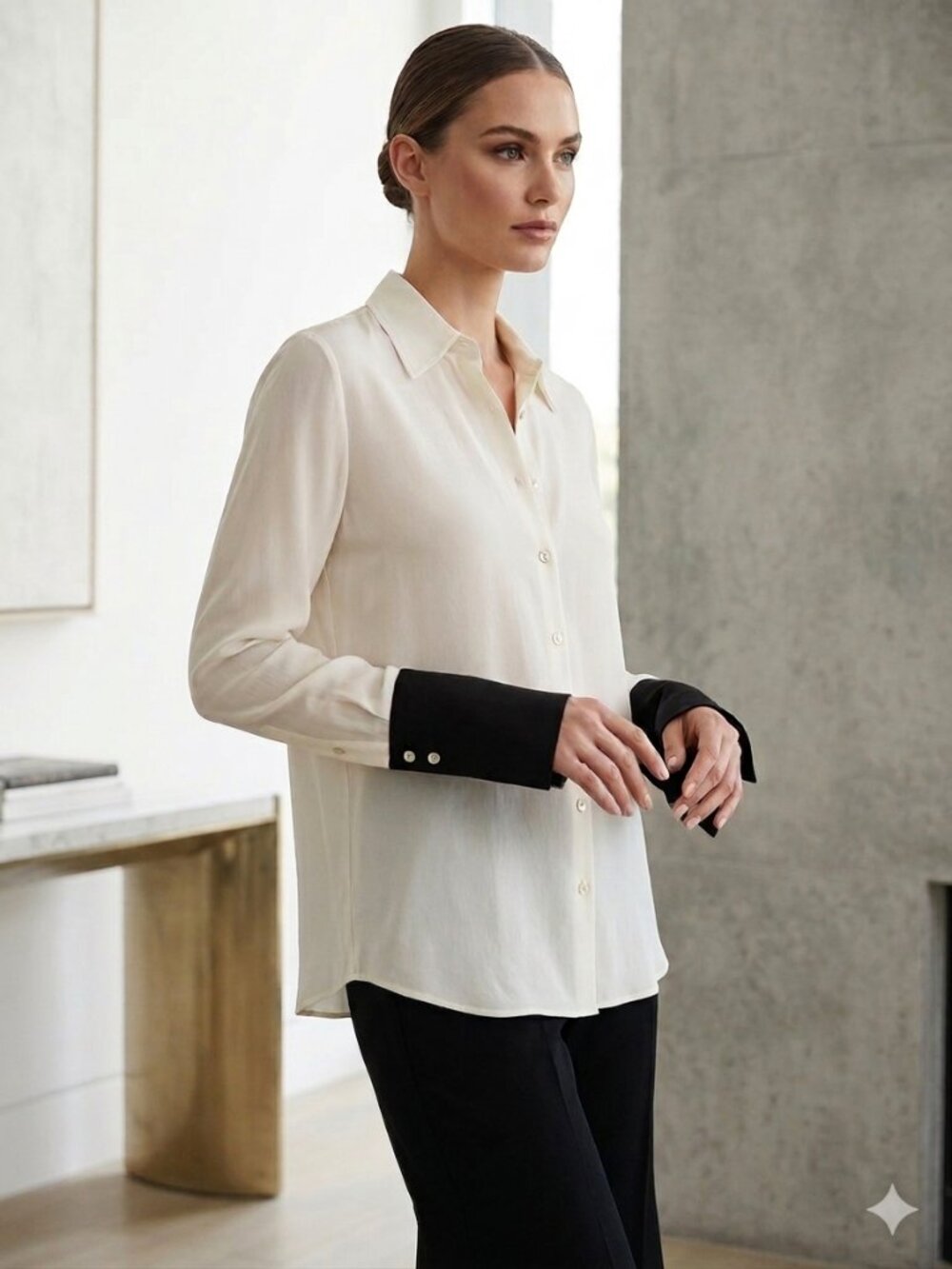 L'AGENCE 100% Silk Contrast Statement Cuff Blouse Ivory Black NWT Small